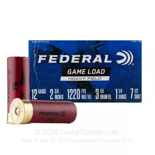 12 Gauge – 2-3/4″ 1-1/4oz. #7.5 Shot – Federal Upland Heavy Field – 25 Rounds