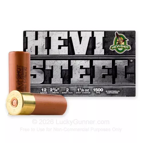 12 Gauge – 2-3/4″ 1-1/8oz. #2 Steel Shot – Hevi-Steel – 25 Rounds