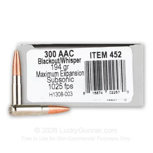 300 AAC Blackout – 194 Grain Maximum Expansion – Underwood Subsonic – 20 Rounds