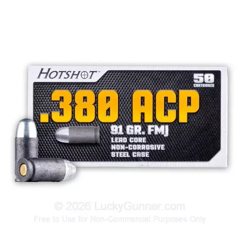 380 Auto – 91 Grain FMJ – Hotshot – 50 Rounds