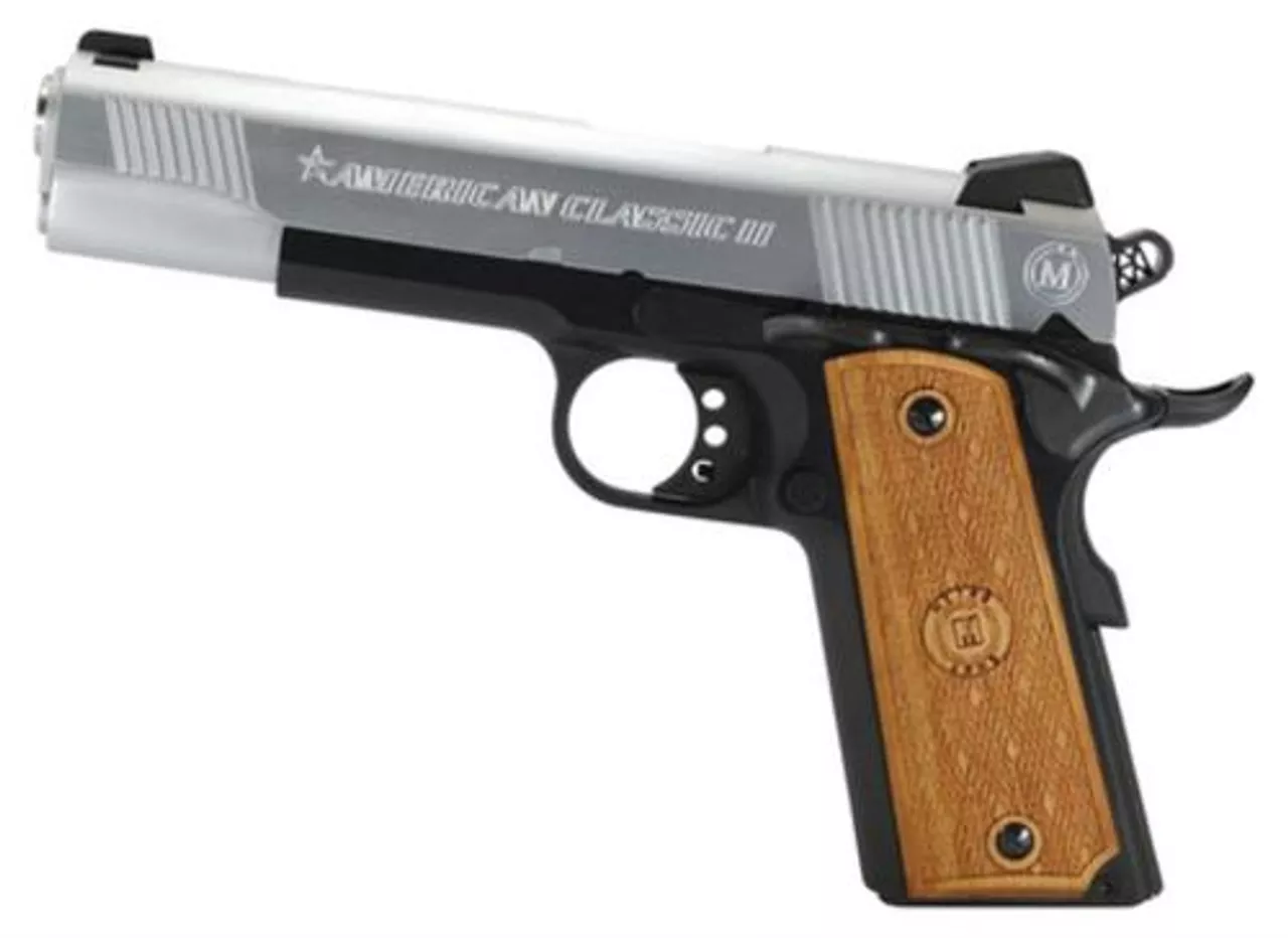 American Classic Mil-Spec II1911 45 ACP 5″ Barrel Du-Tone Finish Checkered Hardwood Grip 8 Round Mag