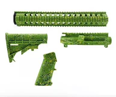 AR-15 Cerakote Splatter Furniture Set – Upper Receiver – 15″ Rail – A2 Grip – Stock – Base Color Zombie Green