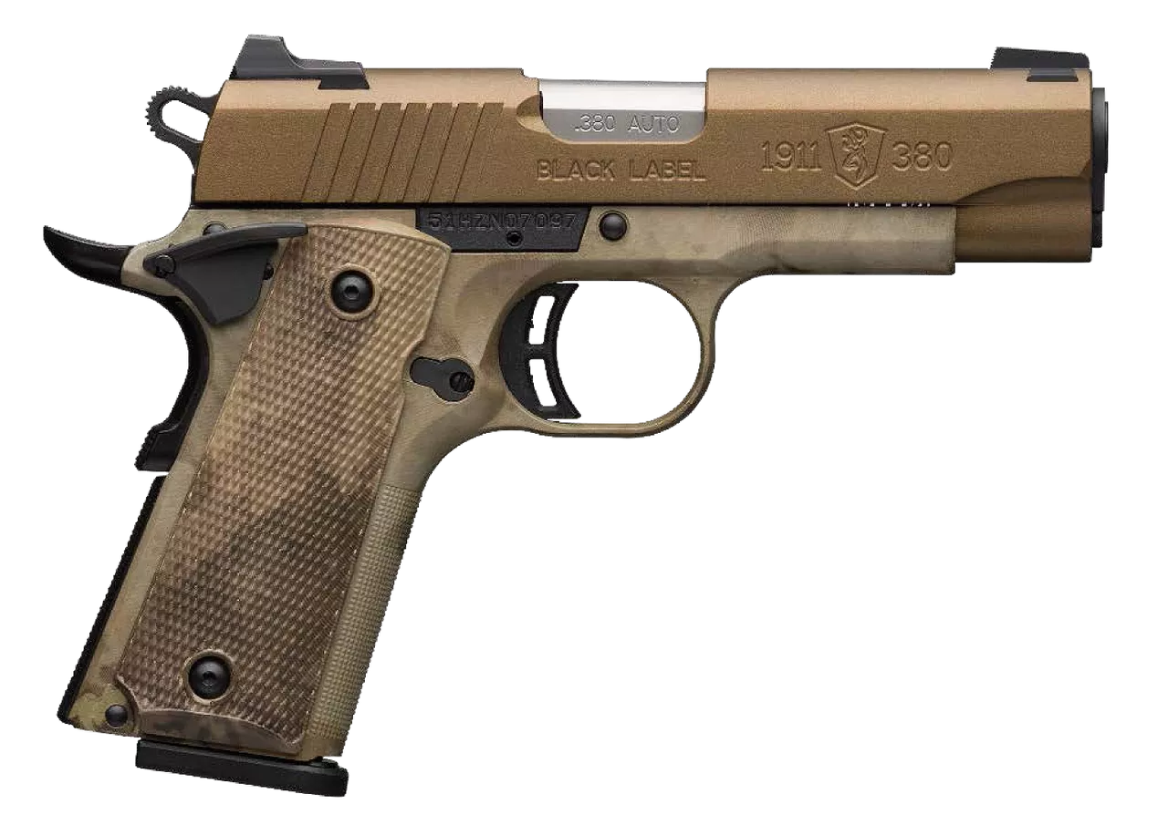 Browning, 1911-380, Black Label Speed, Semi-automatic, Full Size, 380 ACP, 4.25″ Barrel, Burnt Bronze Color, Cerakote Finish, Polymer Frame, Right Hand, A-TACS AU Camo Composite Grips, Ambidextrous Thumb Safety, White 3 Dot Sights, 8Rd