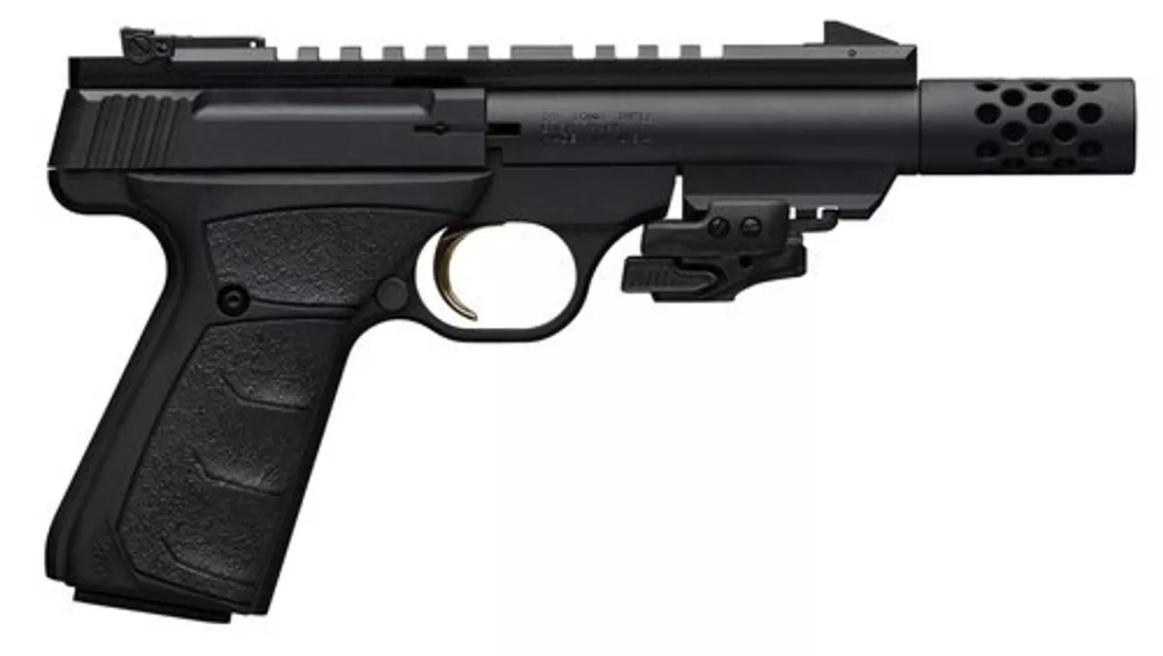Browning, Buck Mark Black Label, Semi-automatic, 22 LR, 4.4″ Barrel, Threaded, Compensator, Aluminum Frame, Black Color, Matte Finish, UFX Grip, Thumb Safety, Blade Front/Adjustable Rear Sights, 10Rd, 2 Magazines, Includes Crimson Trace Laser