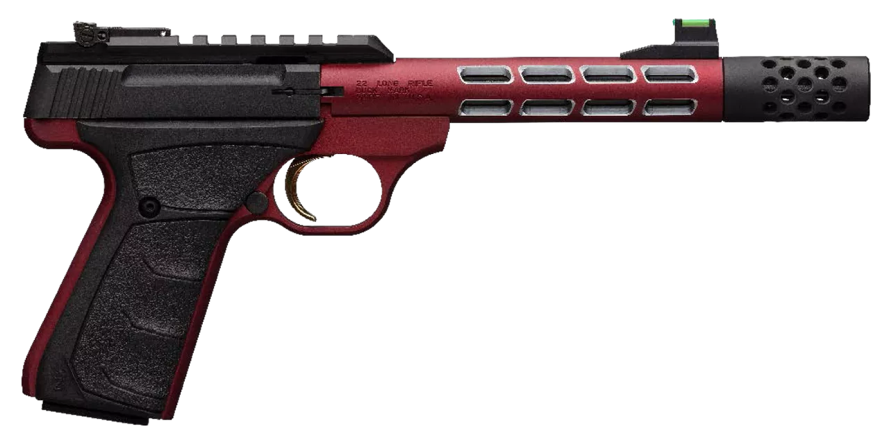Browning, Buck Mark Vision, Semi-automatic, 22 LR, 5.875″ Barrel, Threaded 1/2-28, Includes Muzzle Brake, Red Color, Anodized Finish, URX Rubber Grip, Thumb Safety, Right Hand, Adjustable Rear & Fiber Optic Front Sights, 10Rd, 2 Magazines