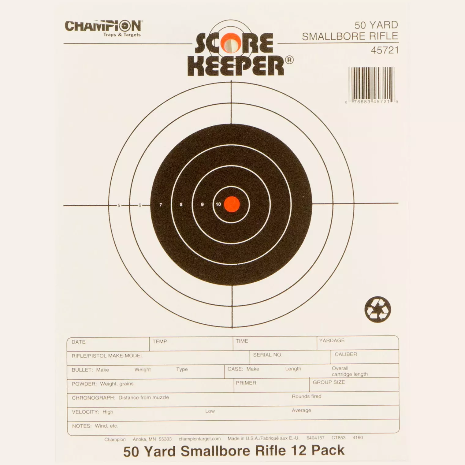 Champion Targets 45721 Score Keeper Bullseye Paper 50 yds Small Bore Rifle 8.50” x 11” Black/Orange 12 PK
