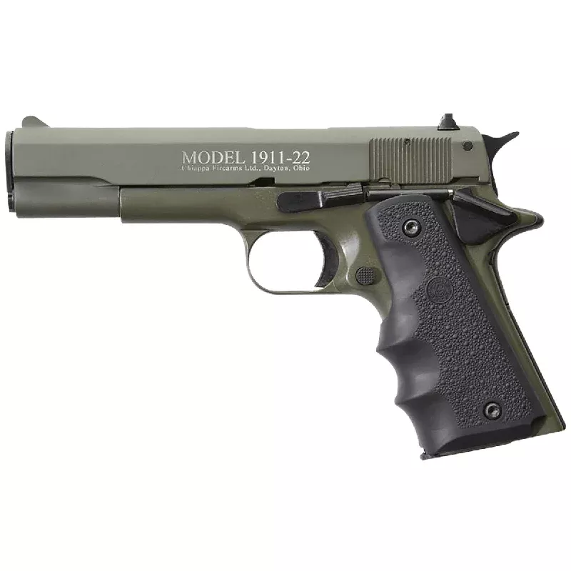 Chiappa Firearms 401121 1911-22 22 LR 10+1, 5″ Black Steel Barrel, OD Green Serrated Slide, OD Green Aluminum Frame w/Beavertail, Black Hogue Rubber Finger Grooved Grip, Manual Thumb Safety, Right Hand