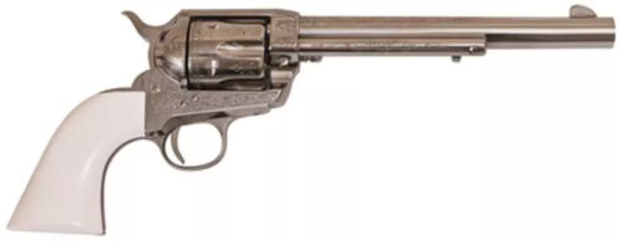 Cimarron Firearms Frontier .45LCl 7.5″ Barrel Nickel Finish PW Laser Engraved Poly Ivory Grip