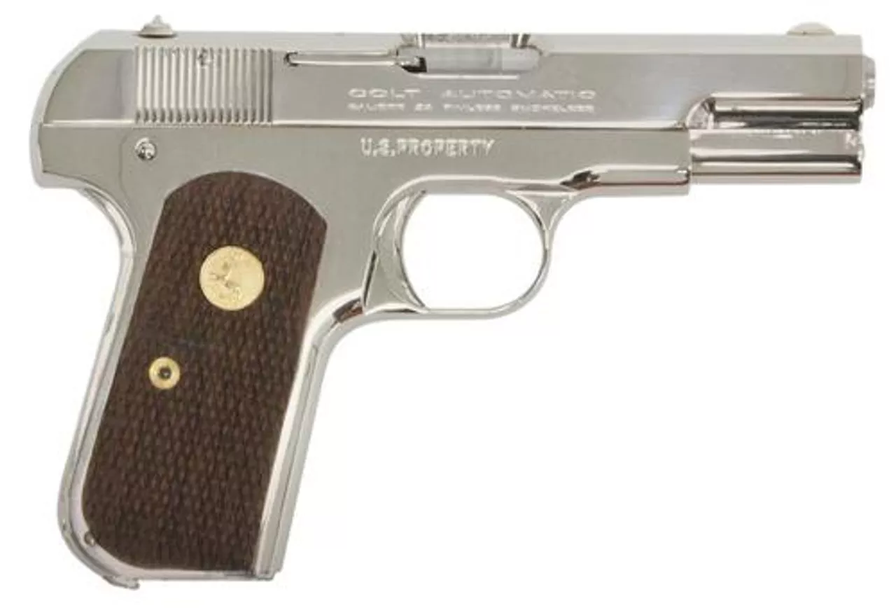 Colt 1903 Hammerless 32 Automatic Colt Pistol (ACP) 3.75″ Barrel Walnut Grips, Nickel, 8rd Mag