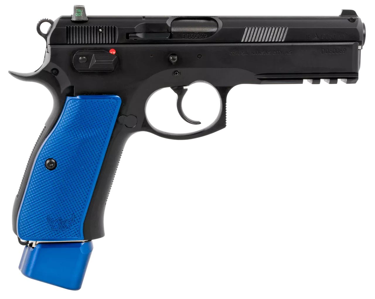 CZ 75 SP-01 9mm, 4.60″ Bbl,, Rnd, Black Slide, Blue Henning Grips, 22 rd