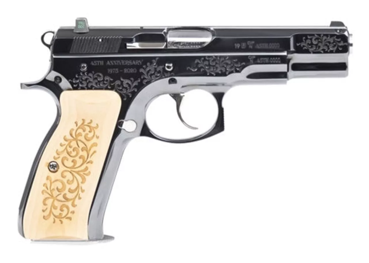 CZ 75B 45TH Anniversary DA/SA, Full Size, 9mm, 4.6″ Barrel, Steel Frame, High Gloss Blued Finish, Wood Grips, 16Rd, Swappable Safety/Decocker, Night Sights