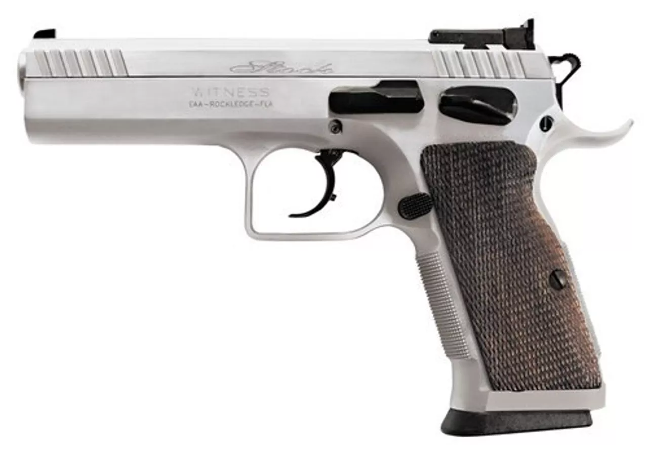 EAA Witness Elite Stock 2, 45 ACP, 4.5″ Barrel, 10rd, Checkered Walnut Grip, Chrome Competition