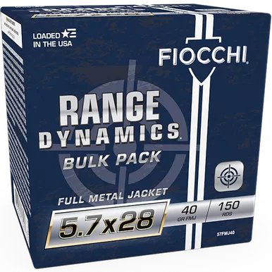Fiocchi Range Dynamics 5.7x28mm FN Ammo 40 Grain Full Metal Jacket Box of 150