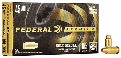 Gold Medal, 45 Auto, 185 grain, FMJ Semi-Wadcutter Match, 50/box