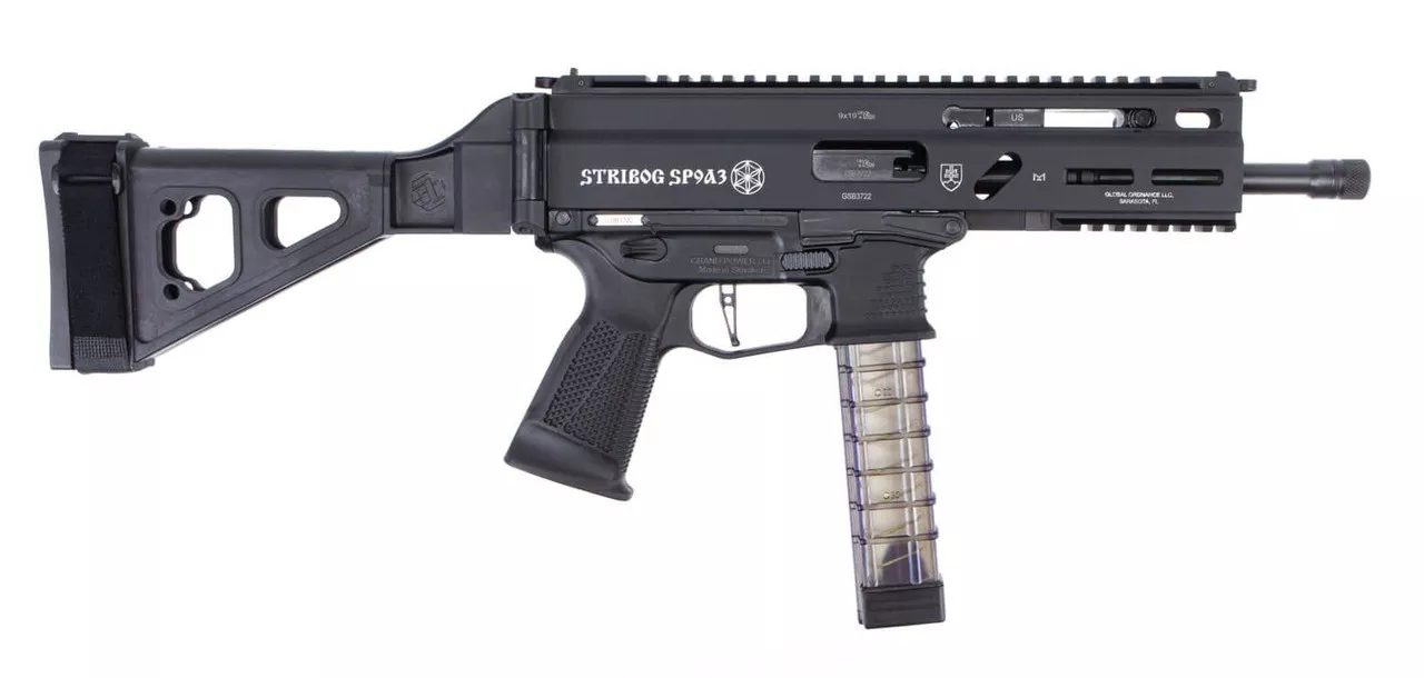 Grand Power Stribog SP9A3 9mm, 8″ Barrel, Flip-Up Sights, SB Folding Brace, Black, 30rd