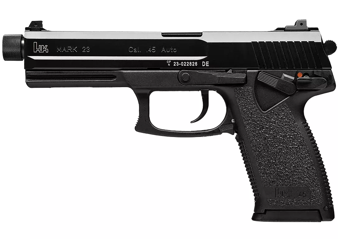 HK 81000080 Mark 23 45 ACP 10+1, 5.87″ Black Steel Threaded Barrel, Serrated Steel Slide, Polymer Frame, Black Polymer Grip, Ambidextrous