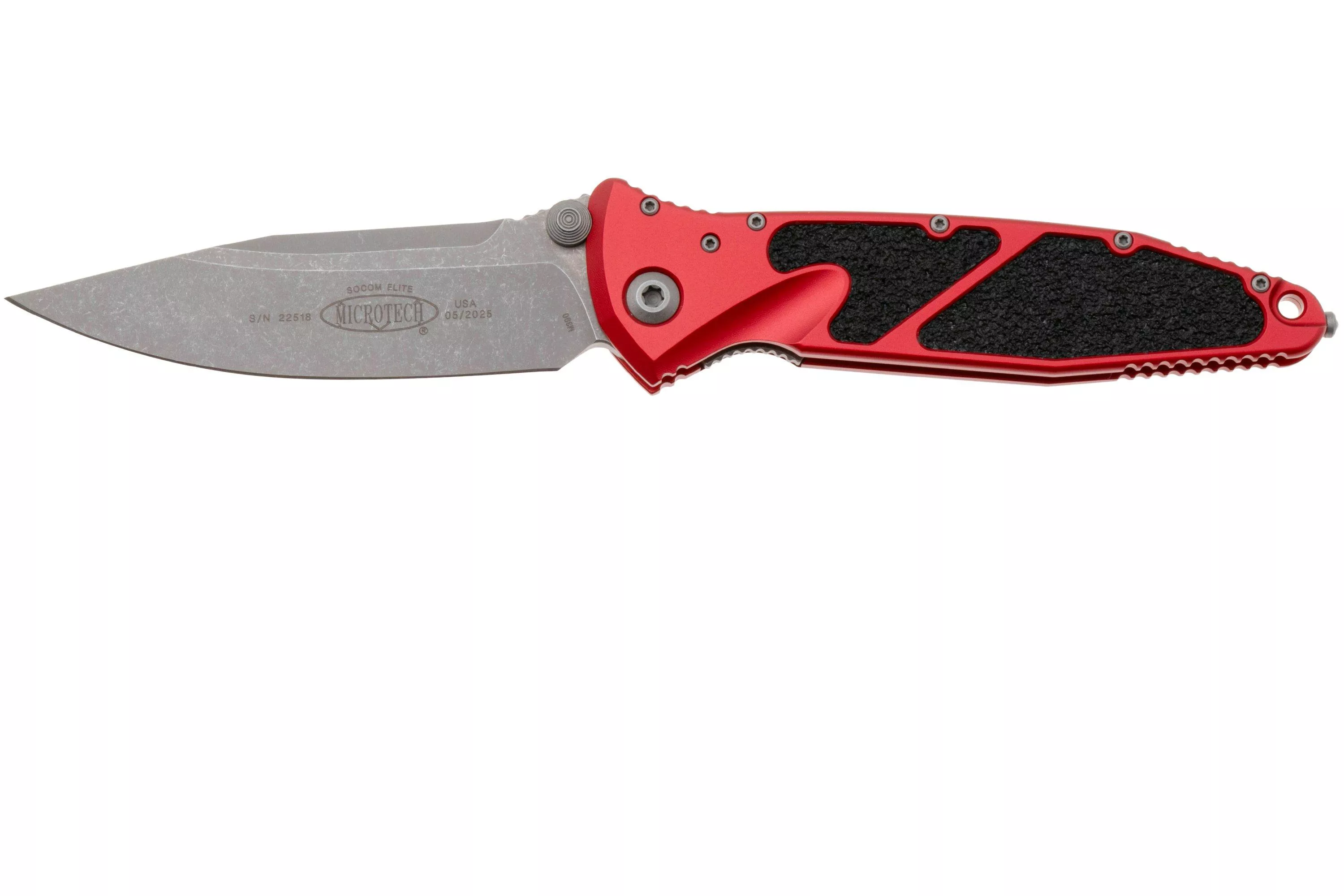 Microtech Socom Elite 160-10APRD, Apocalyptic Stonewashed M390 Tanto, Red Aluminum pocket knife