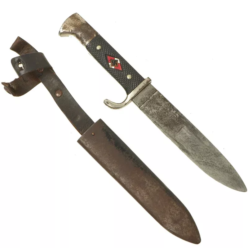 Original German WWII 1936 dated Transitional HJ Knife with Motto by Emil Voos with Scabbard – RZM M7/2