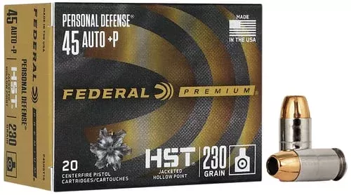 Premium Personal Defense, 45 Auto +P, 230grain, HST Jacketed Hollow point, 20/box