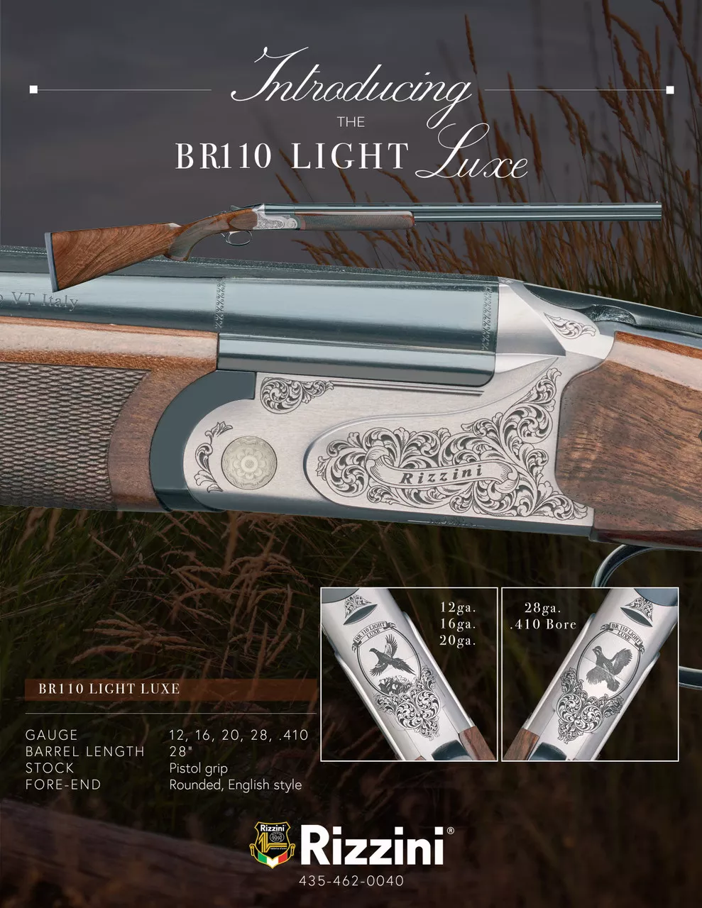 Rizzini BR110 Light Luxe 20g O/U, 28″ Barrel, Pistol Grip Stock, Rounded English Style Fore-end
