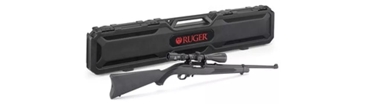 Ruger 10/22 Carbine 22 LR, 18.5″ Barrel, Satin Black, Alloy Steel Receiver, Black Synthetic Stock, With Viridian EON 3-9×40 Scope and Ruger Case, 10Rd Rotary Magazine