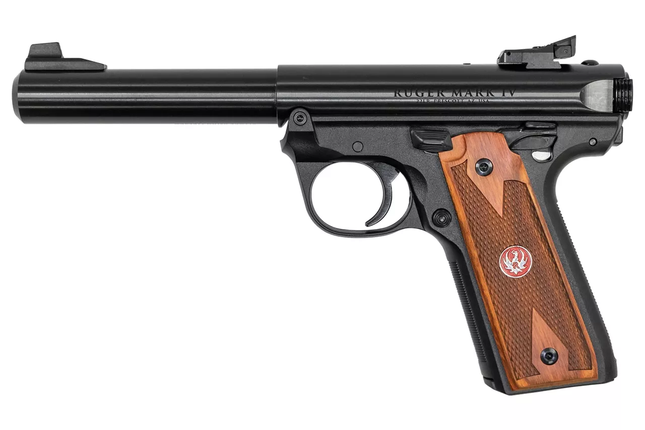 Ruger Mark IV 22/45 .22 LR, 5.5″ Barrel, Blued, Wood Grips, 10rd