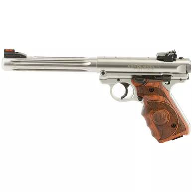 Ruger Mark IV Hunter 22 LR Pistol 6.88" Barrel Satin Stainless (Fluted Bull Barrel, Fiber Optic Front Sight, Target Laminate Grips)