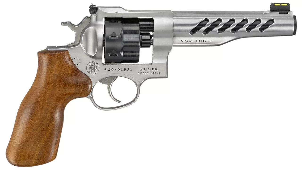 Ruger Super GP100 Full Size 9mm, 6″ Barrel, Stainless Steel, Hogue Wood Grips, 3 Moon Clips, Fiber Optic Front Sight, Adj Rear Sight, 8rd