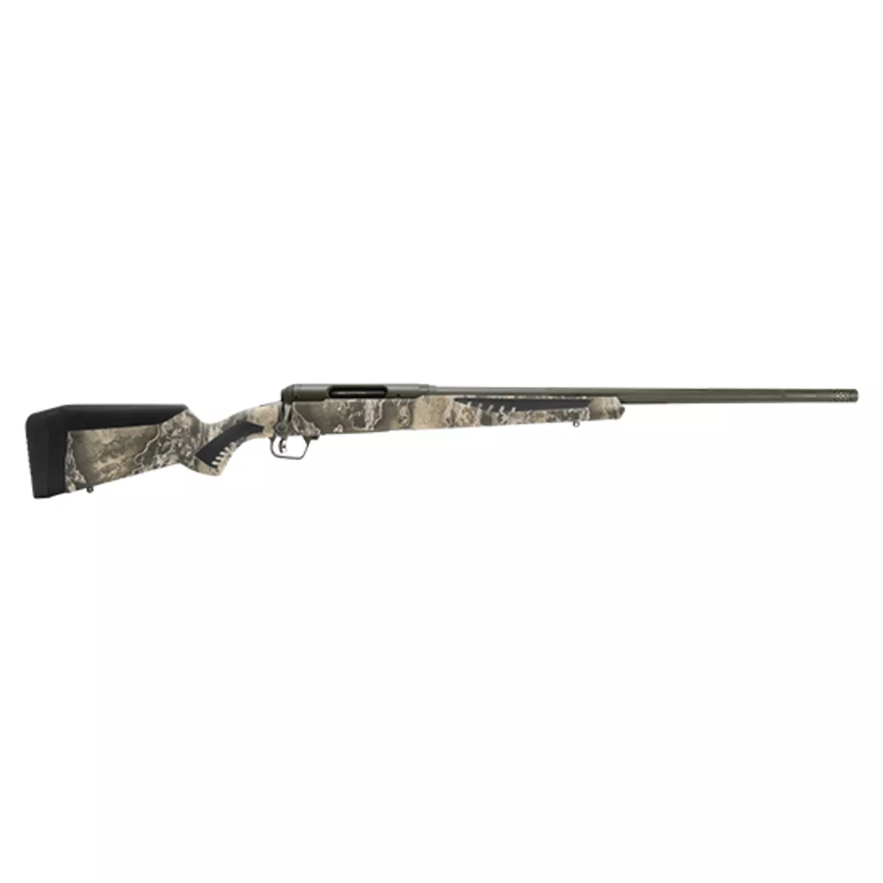 Savage, 110 Timberline, Bolt, Rifle, 6.5 PRC, 24″ Threaded Barrel, Omni-Port Muzzle Brake, Olive Drab Green Cerakote Finish, Realtree Excape AccuFit Polymer Stock, AccuTrigger, Right Hand, 3Rd