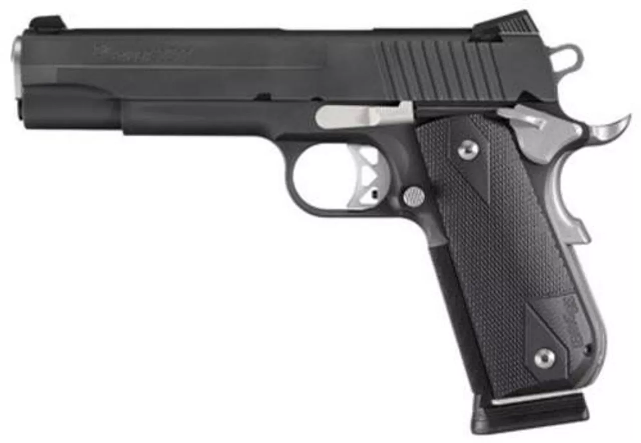Sig 1911 45 ACP, 5″ Barrel, Nightmare Black SAO Siglite Black G10 Grip (2) 8RD Steel MAG Fastback