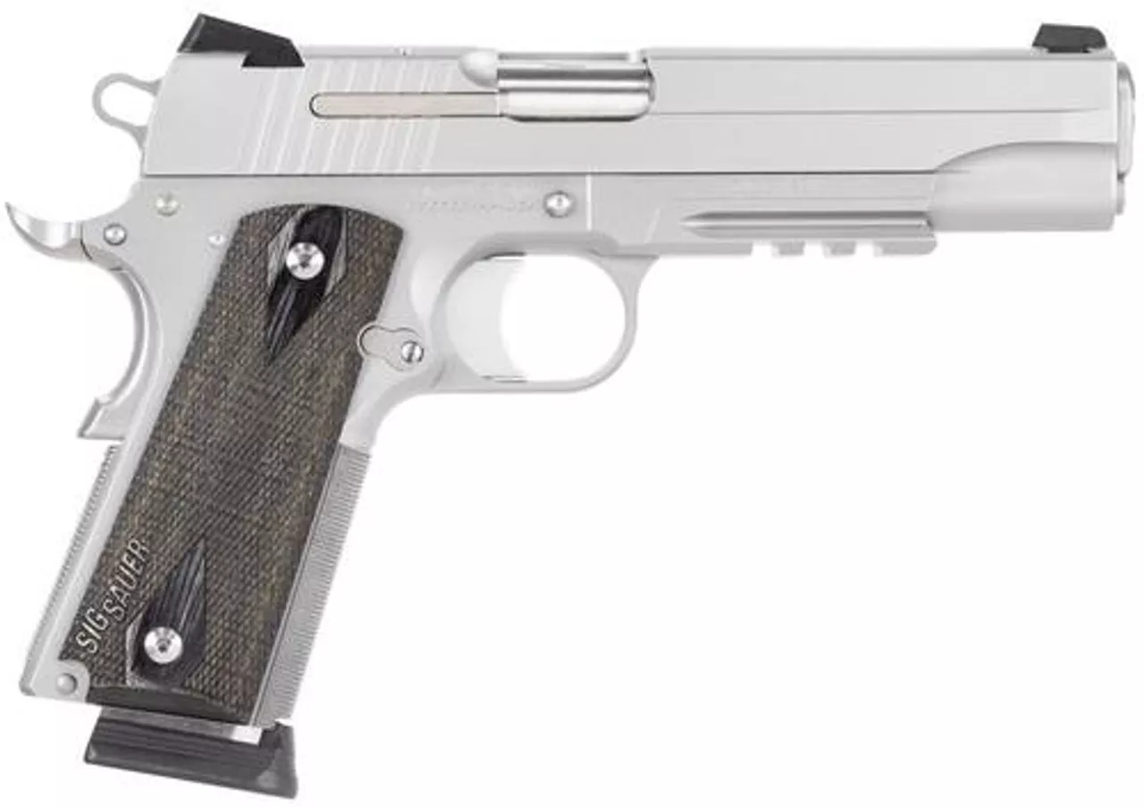 Sig 1911 45 ACP, 5″ Barrel, Stainless Stainless Finish SAO Siglite Blackwood Grip (2) 8RD Steel MAG Rail CA Compliant