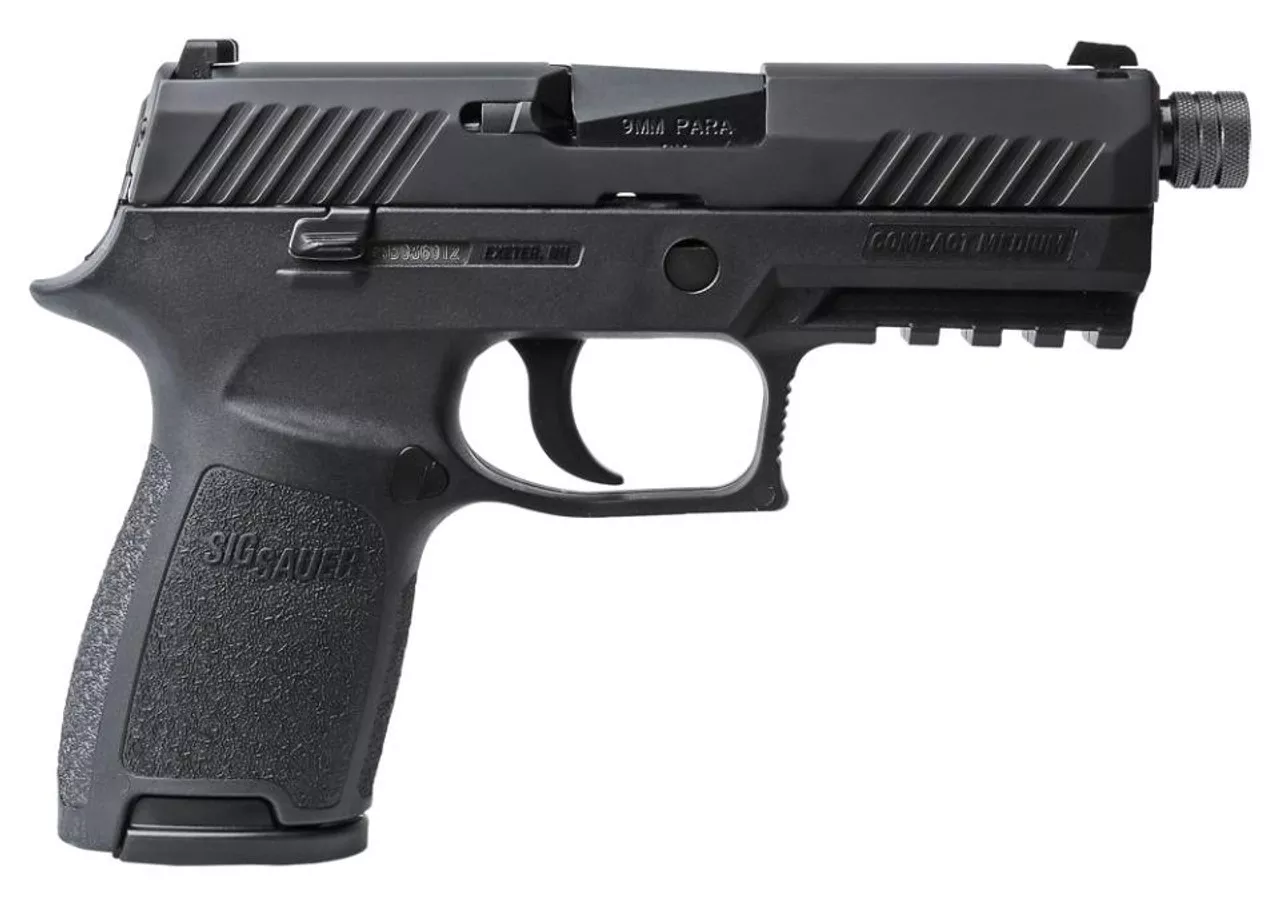 Sig P320 9mm, 4.6″, Nitron Black, Striker Siglite Modular Polymer Grip (2) 15Rd Steel MAG Rail Threaded (13.5X1mm LH)