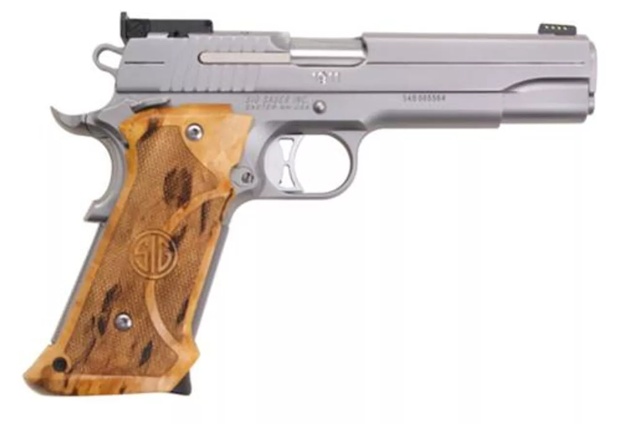 Sig Super Target 1911 45 ACP, 5″ Barrel, SS Finish, Adjustable Sights, Target Birch Grip, 2x8rd Mags