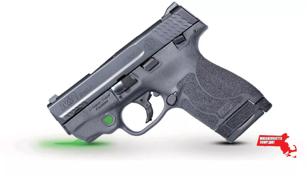 Smith & Wesson M&P Shield M2.0 9mm, *MA*, 3.1″ Barrel, Crimson Trace Green Laser, Black, 7rd/8rd