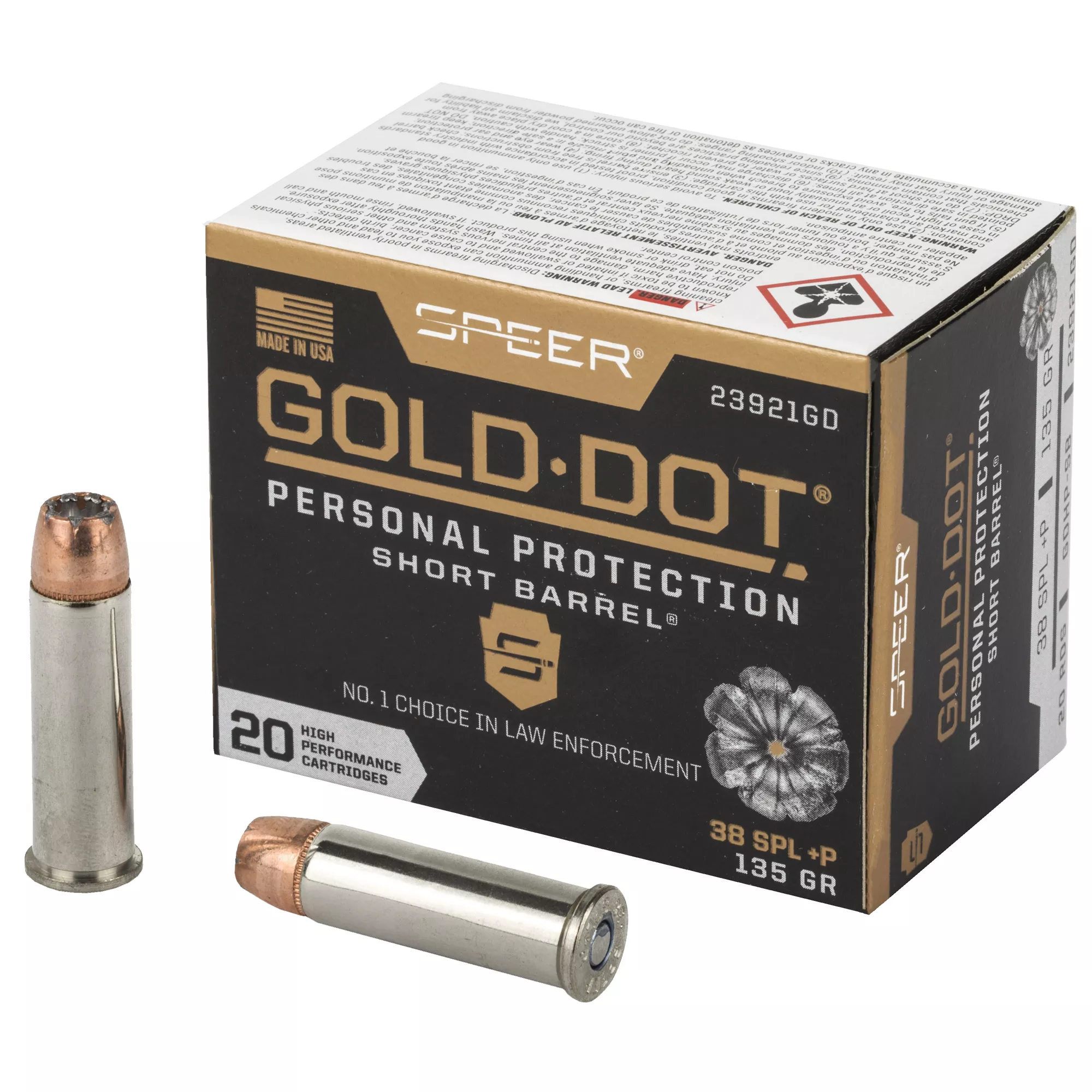 Speer 38 Special +P Gold Dot Hollow Point 135 grain Short Barrel GDHP-SB Box of 20 Rounds 23921GD