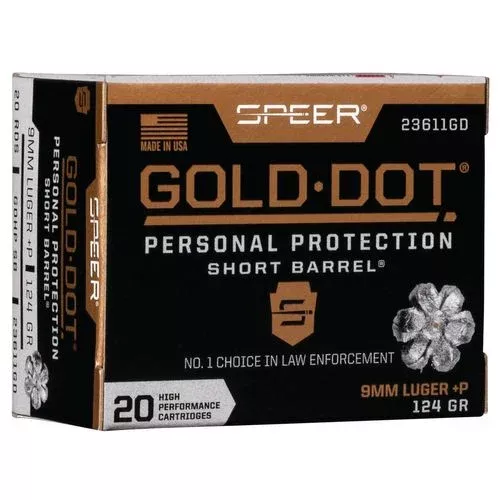 Speer Ammo 23611GD Gold Dot Personal Protection 9mm Luger +P 124 gr Hollow Point (HP) 20 Bx/ 10 Cs