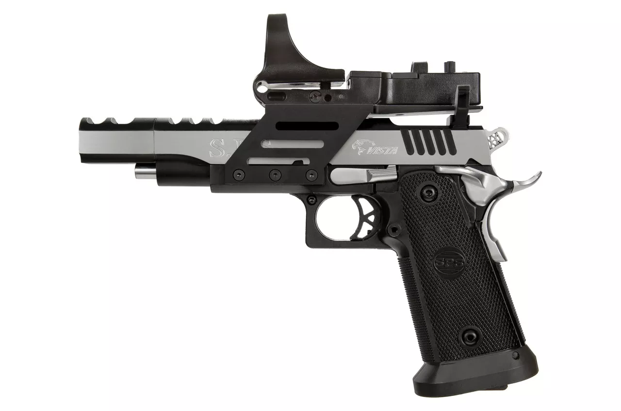 SPS Vista Short Slide 9mm, 5″ Barrel, Black Polymer Grip, Black/Chrome, 21rd