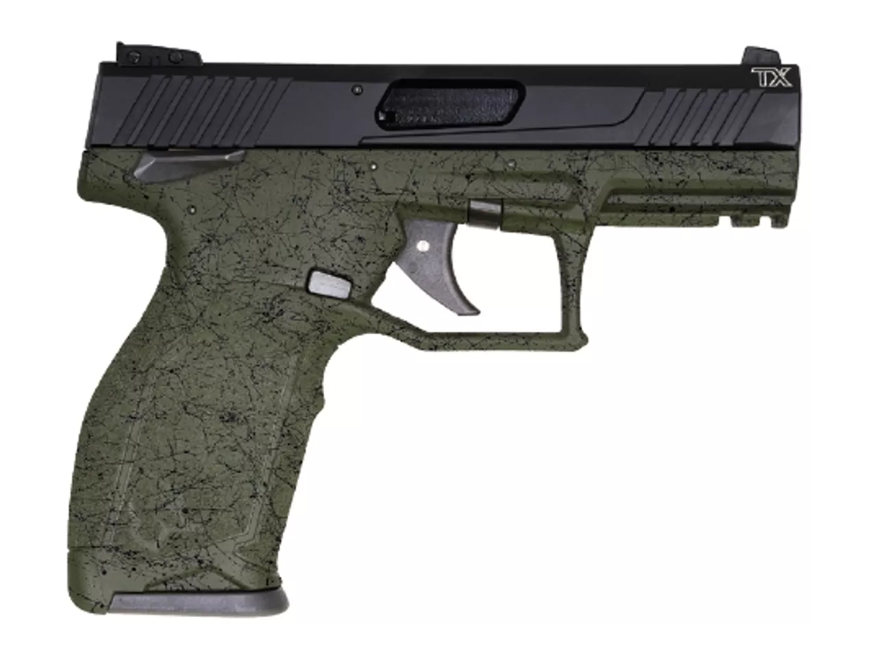 Taurus TX22 22 LR, 4″ Barrel, Polymer Frame, Green Splatter/Black, Manual Safety, 16Rd, 2 Magazines
