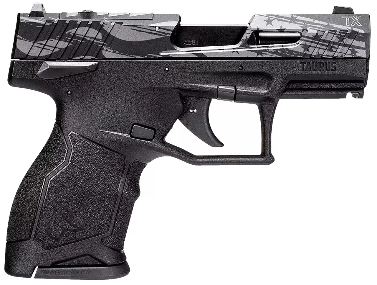 Taurus TX22C TORO 22 LR, 3.6″ Barrel, Black, Engraved Distressed USA Flag Slide, 10rd