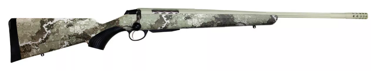 Tikka T3x Lite, Bolt Action Rifle, 300 WSM, 24.38″ Fluted Barrel, 1:11 Twist, Threaded 5/8×24, Veil Alpine Camo, Synthetic Stock, Cerakote Barrel and Action, Green Color, Right Hand, 3Rd, 1 Mag, Includes Matching Muzzle Brake