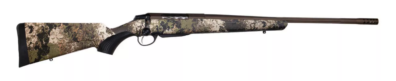 Tikka T3x Lite270 WSM, 22.4″ Fluted Barrel, 1:10 Twist, Threaded 5/8×24, Veil Wideland Camo, Cerakote Barrel and Action, Burnt Bronze Color, 1 Mag, Includes Matching Muzzle Brake, 3rd