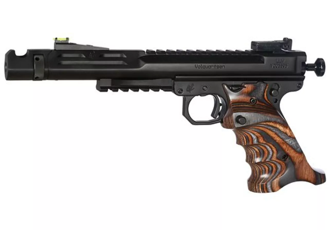 Volquartsen Scorpion .22 LR, 6″ Barrel, Target 22 Frame, Hi-Viz Front & Target Rear, Brown/Gray Grips, Black Stainless