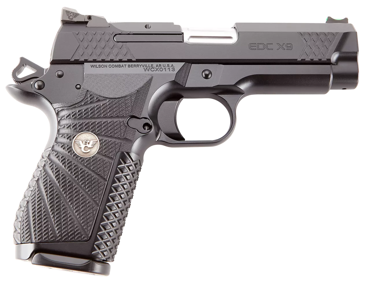 Wilson Combat, EDCX9, Semi-automatic, Compact, 9mm, 4″ Barrel, Black Armor Tuff Finish, Green Fiber Optic Sights, Manual Safety, Non-Lightrail, 15Rd