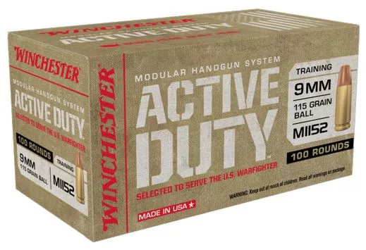 Winchester Active Duty MHS 9mm Luger M1152 115 grain Ball Box of 100 Rounds WIN9MHSC