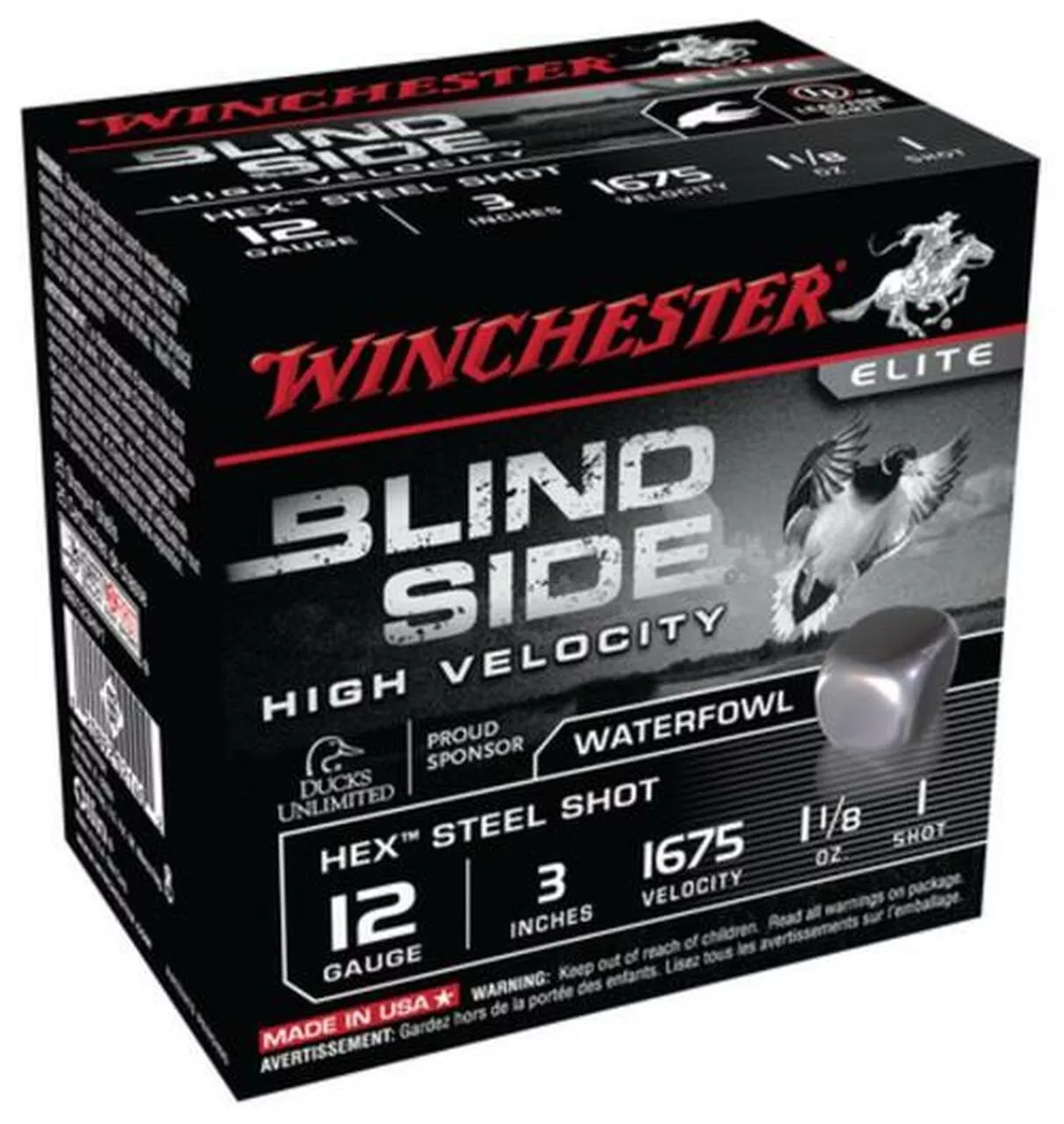 Winchester Blind Side Steel Hex High Velocity Waterfowl 12 Gauge, 3 Inch, 1675 FPS, 1.125 Ounce, 1 Shot, 25rd/Box