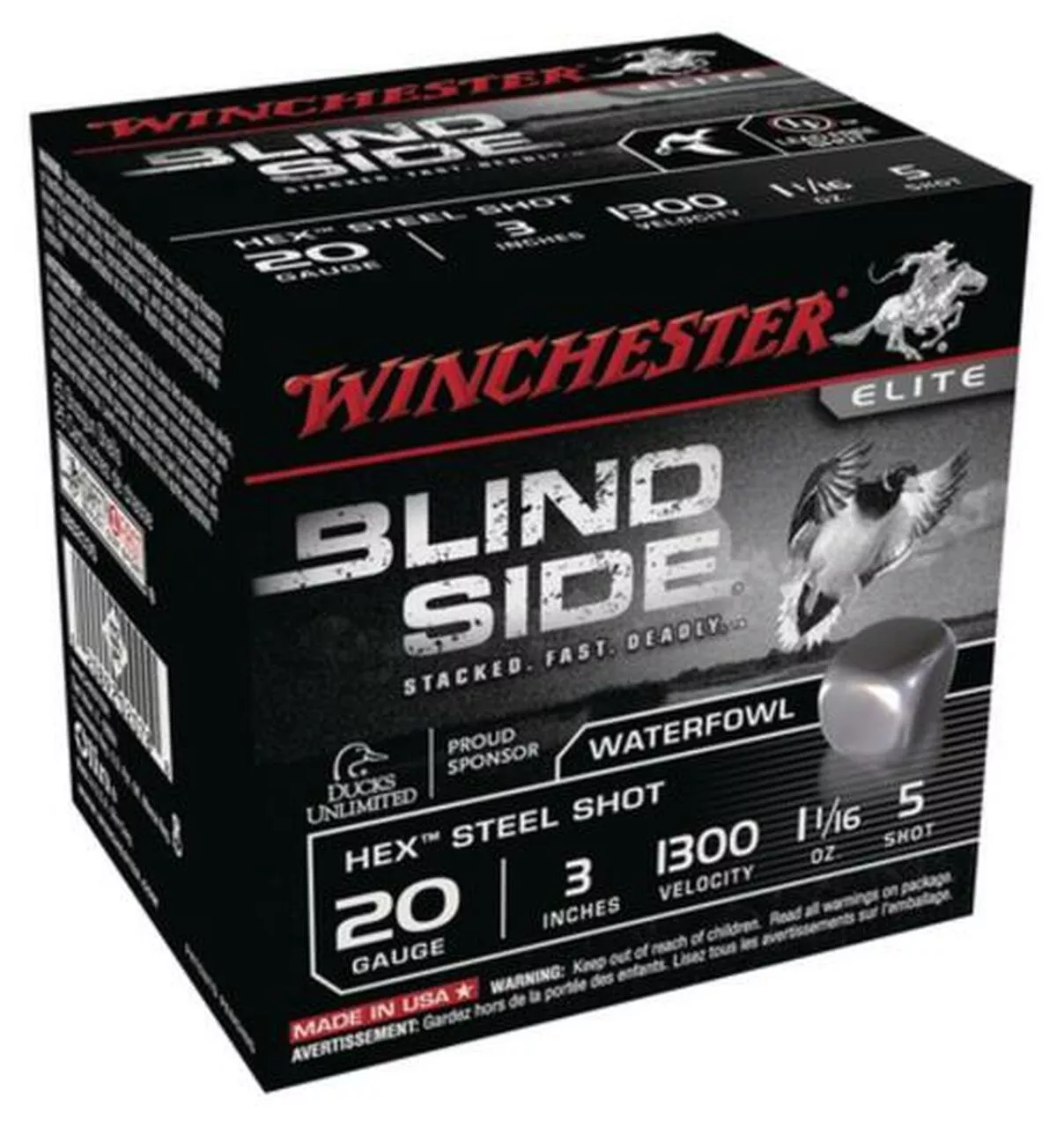 Winchester Blind Side Steel Hex Magnum 20 Ga, 3″, 1300 FPS, 1.1oz, 5 Shot, 25rd/Box