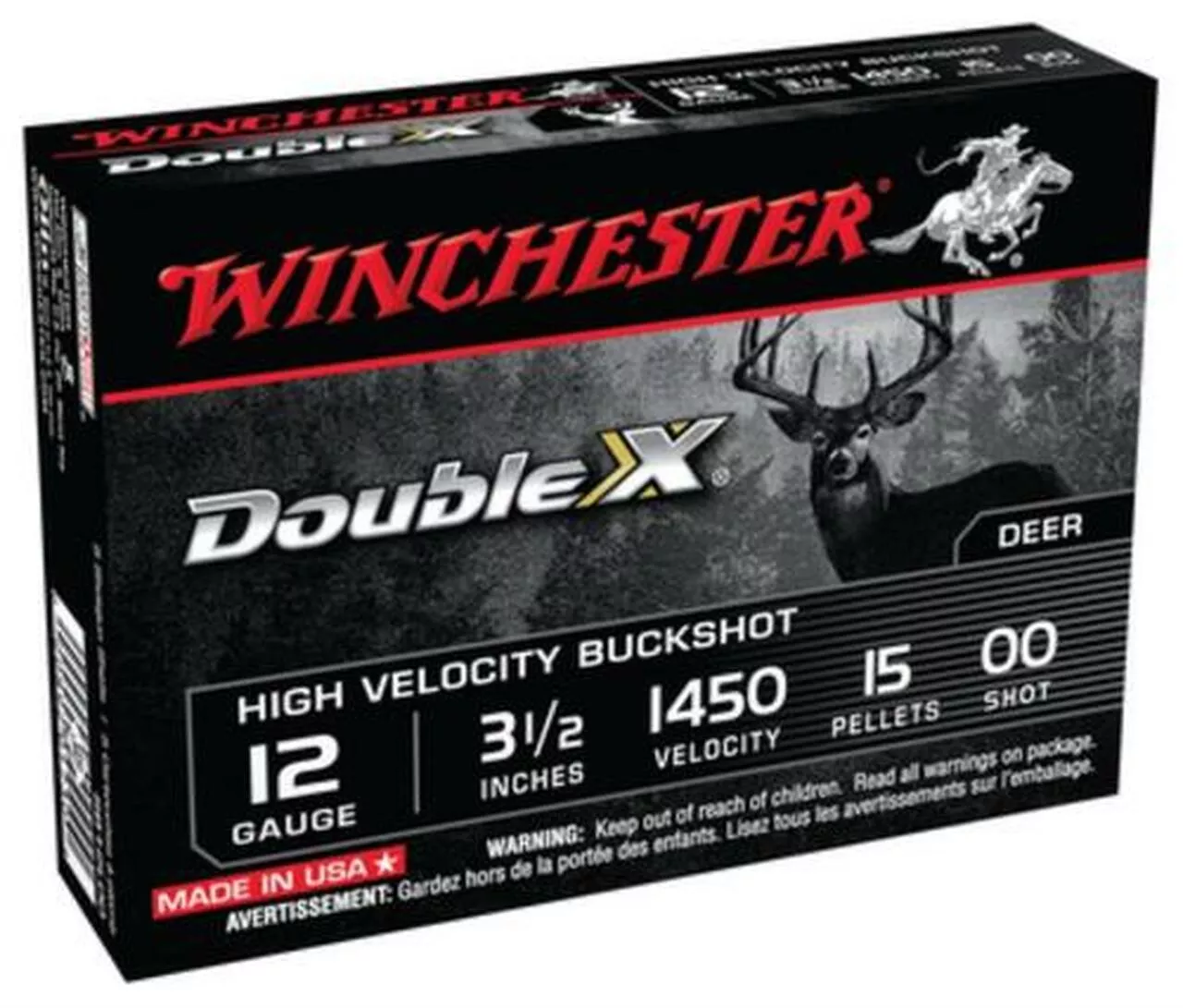 Winchester Double X High Velocity Buckshot Copper Plated Buffered, 12 Ga, 3.5 Inch, 1450 FPS, 15 Pellets 00 Buck, 5rd/Box