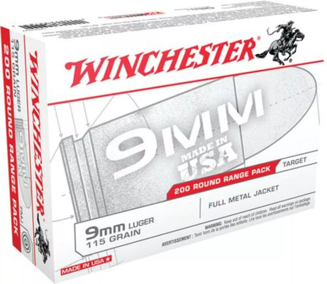 Winchester Range Bulk Case 9mm 115gr, Full Metal Jacket, 1000rd/Case (5 Boxes of 200rd)