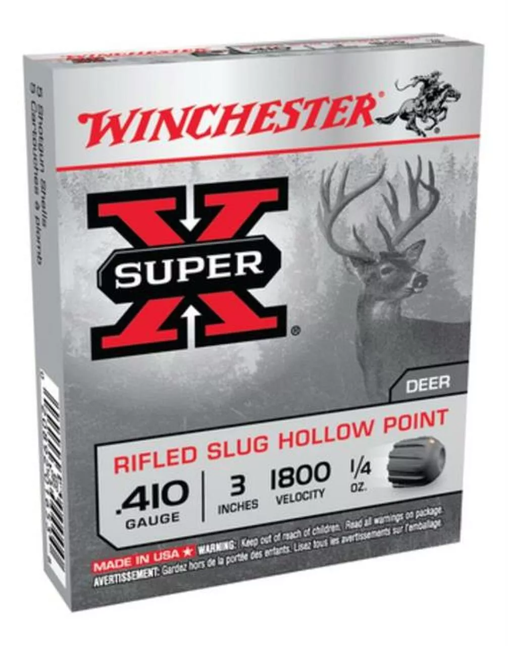 Winchester Super-X 410 Ga, 3″, 1800 FPS, .25oz, Rifled Slug, 5rd/Box