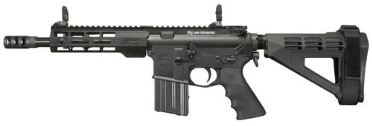 Windham RP9SFS 450 BM, 9″ Barrel, 1:24 Twist, 450 Compensator, Aluminum Receivers, Anodized Finish, Black Color, SB Brace, Hogue Pistol Grip, 7″ Forearm, Front/Rear Flip Sights, 5Rd, 1 Magazine, Hard Plastic Case